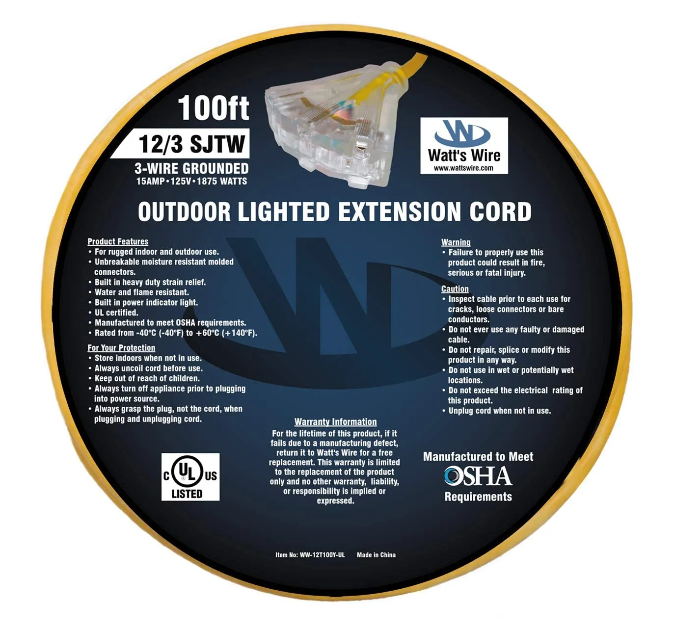 100 ft - 12 Gauge Heavy Duty Extension Cord - 3 Outlet Lighted SJTW - Indoor/Outdoor Extension Cord by Watt's Wire - 100' 12-Gauge Grounded 15 Amp Extension Cord