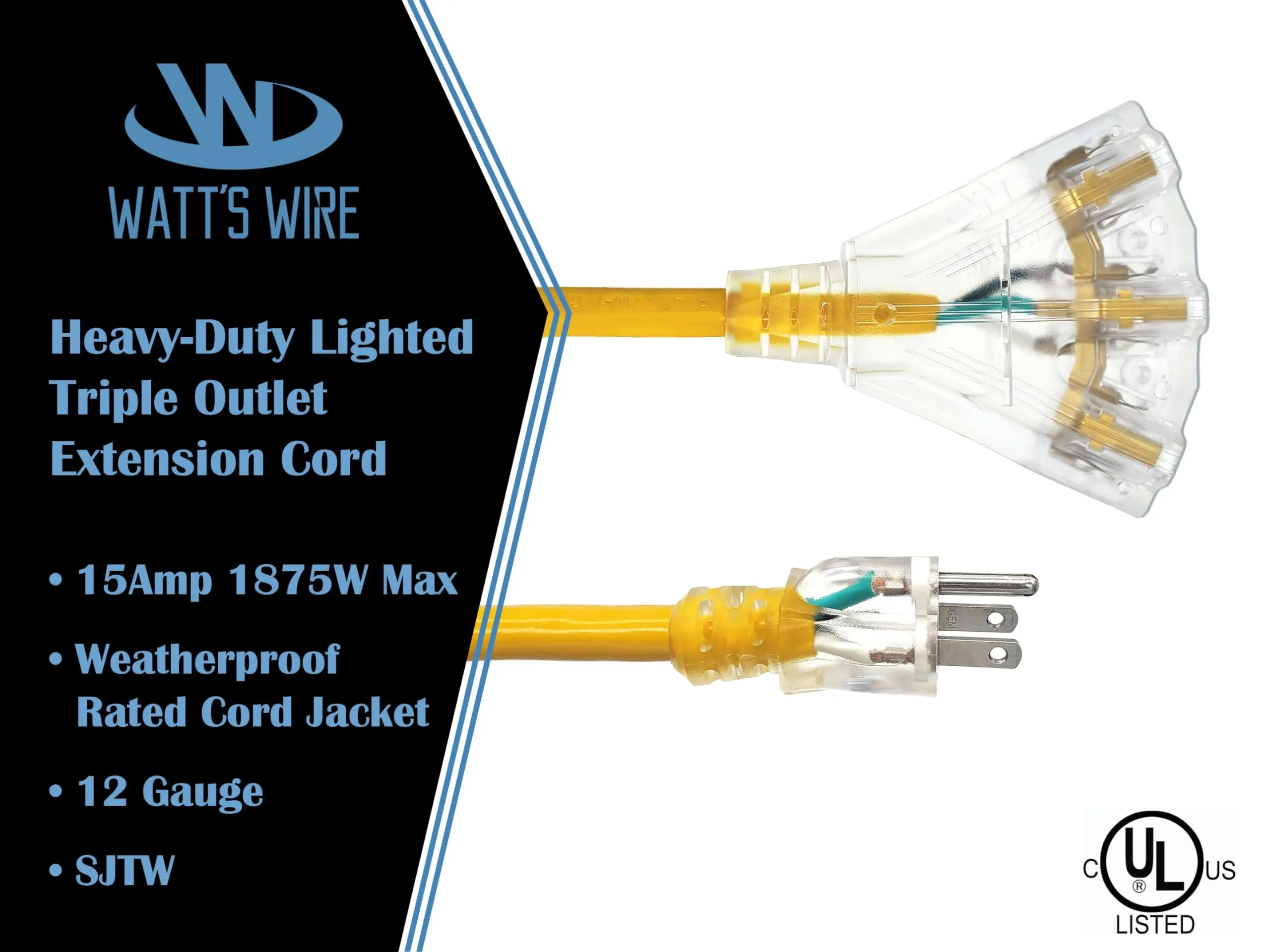 100 ft - 12 Gauge Heavy Duty Extension Cord - 3 Outlet Lighted SJTW - Indoor/Outdoor Extension Cord by Watt's Wire - 100' 12-Gauge Grounded 15 Amp Extension Cord