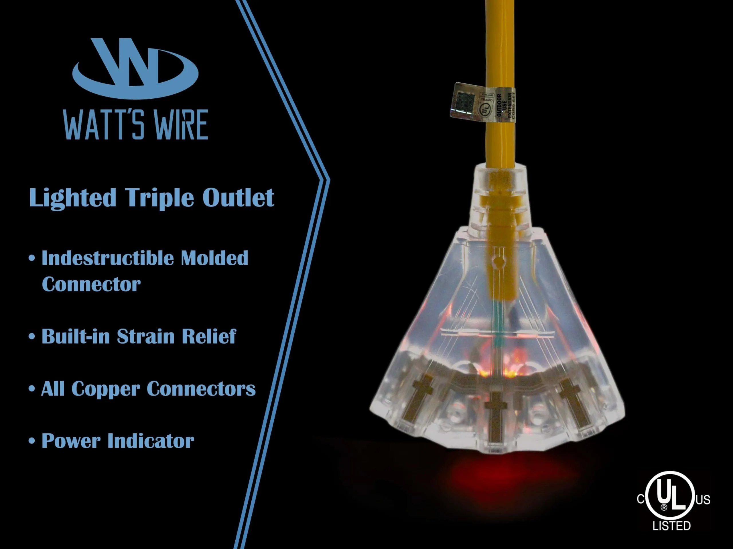 100 ft - 12 Gauge Heavy Duty Extension Cord - 3 Outlet Lighted SJTW - Indoor/Outdoor Extension Cord by Watt's Wire - 100' 12-Gauge Grounded 15 Amp Extension Cord