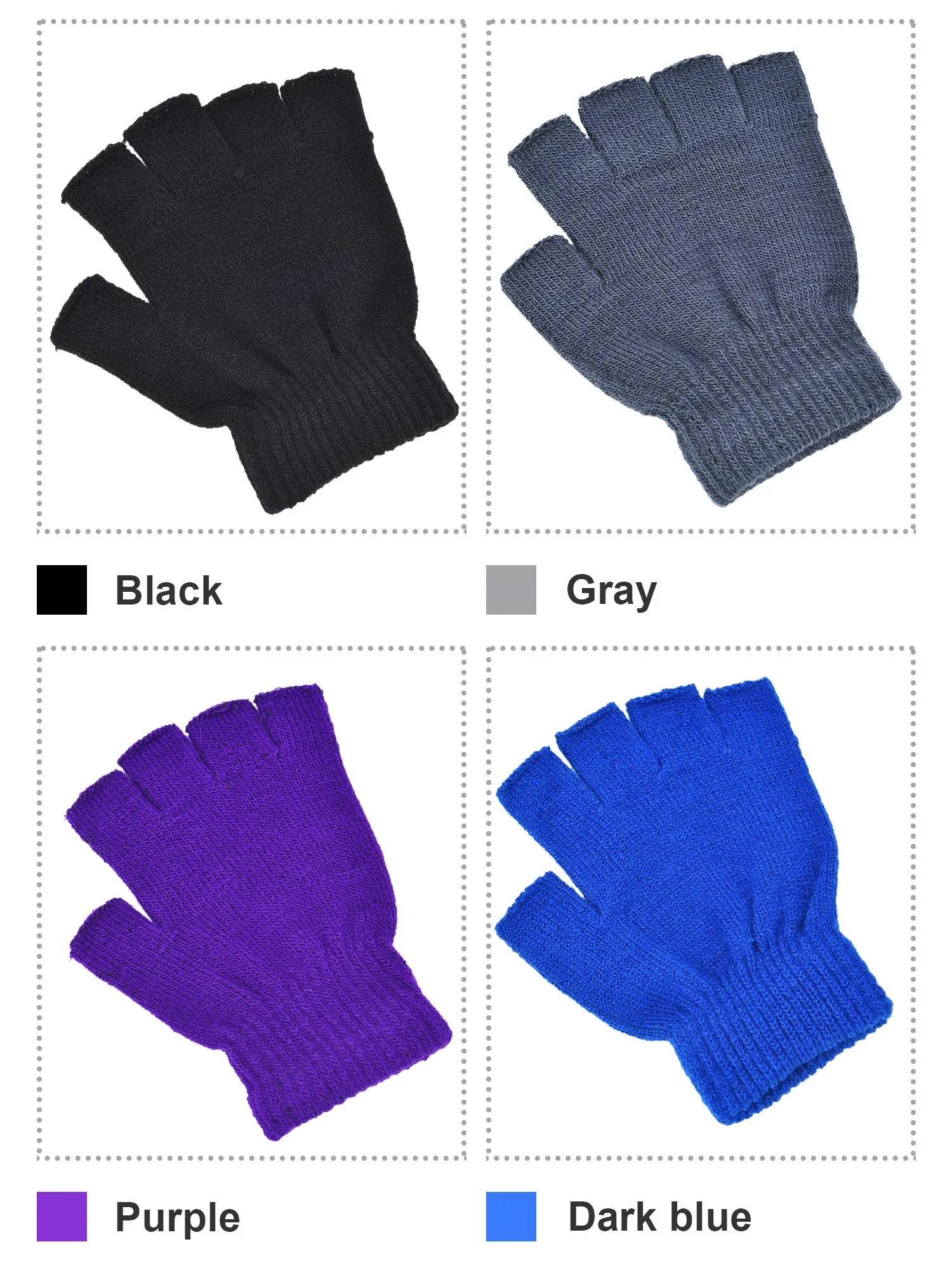 Bememo 4 Pairs Fingerless Gloves Half Finger Mittens Winter Solid Color Knitted Typing Gloves for Boys and Girls Black, Grey, Royal Blue, Purple