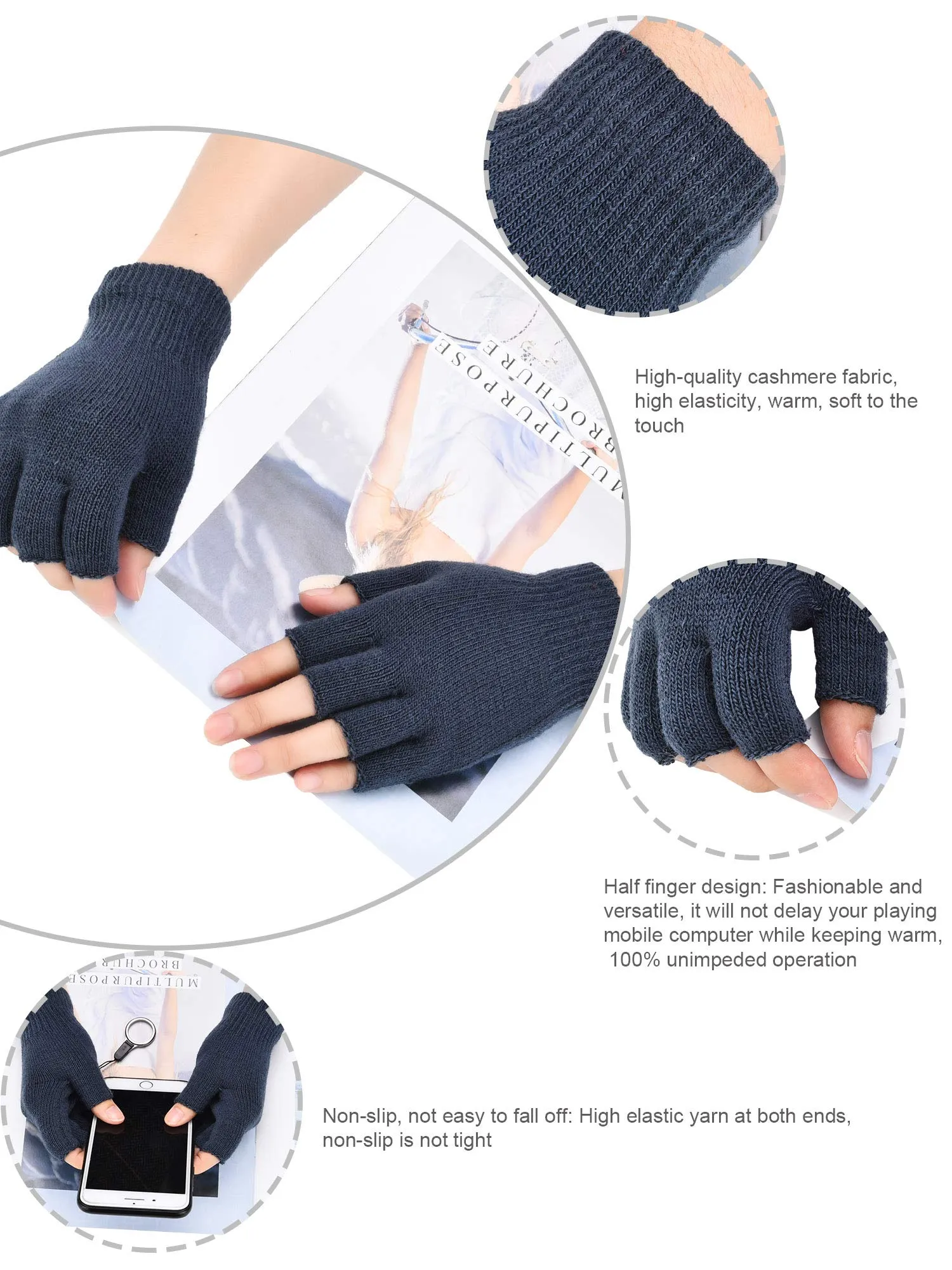 Bememo 4 Pairs Fingerless Gloves Half Finger Mittens Winter Solid Color Knitted Typing Gloves for Boys and Girls Black, Grey, Royal Blue, Purple
