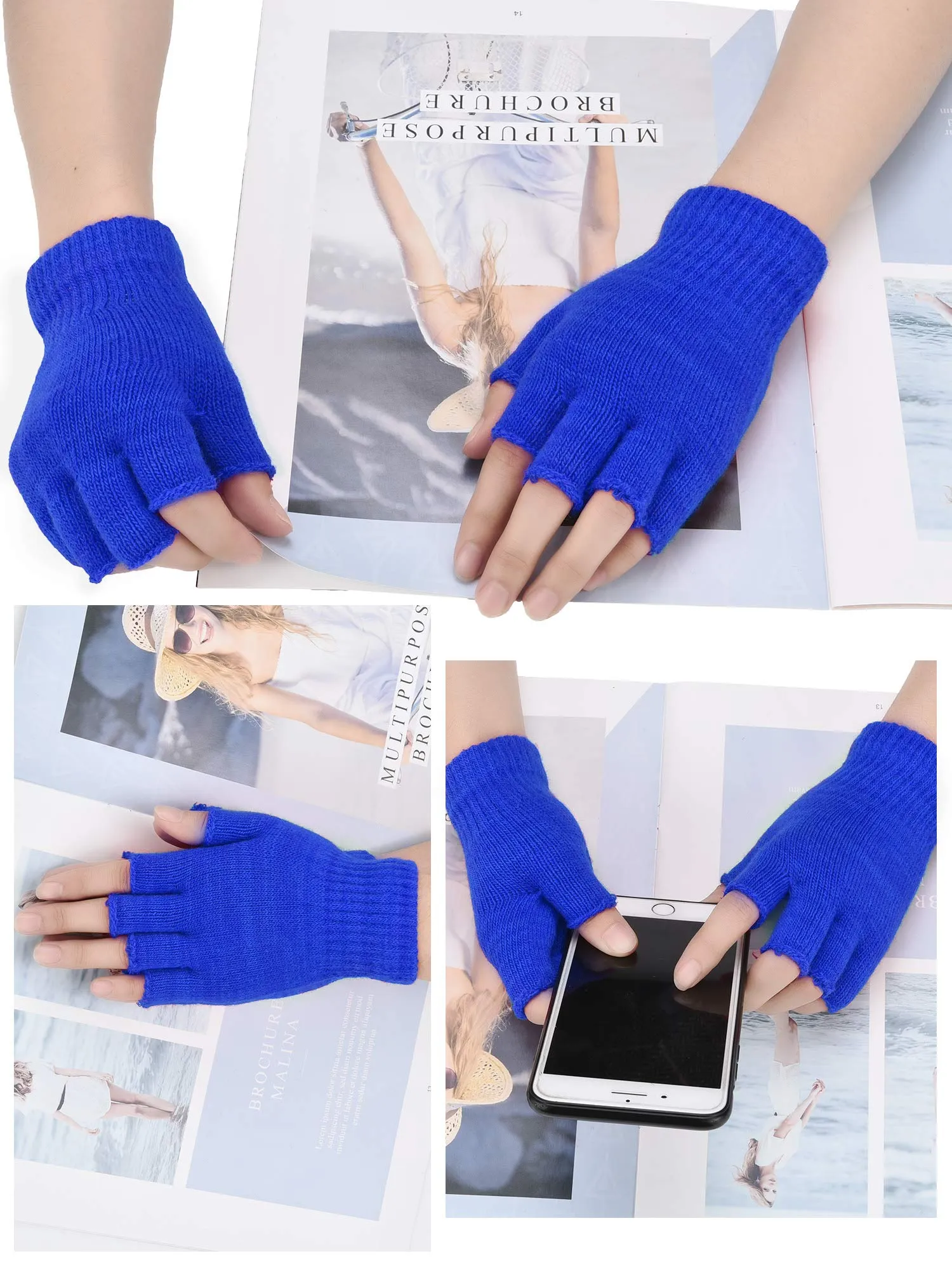 Bememo 4 Pairs Fingerless Gloves Half Finger Mittens Winter Solid Color Knitted Typing Gloves for Boys and Girls Black, Grey, Royal Blue, Purple
