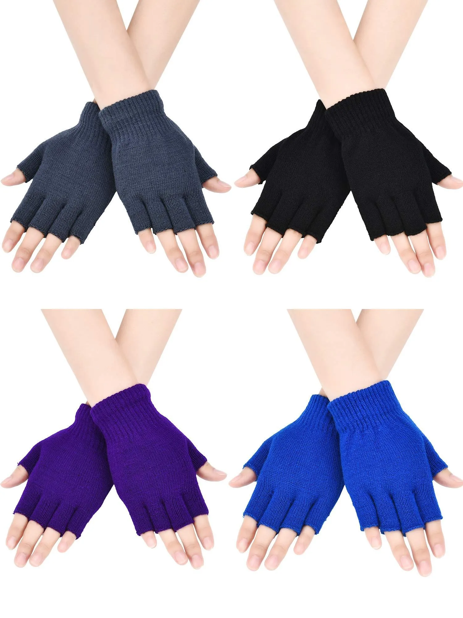 Bememo 4 Pairs Fingerless Gloves Half Finger Mittens Winter Solid Color Knitted Typing Gloves for Boys and Girls Black, Grey, Royal Blue, Purple