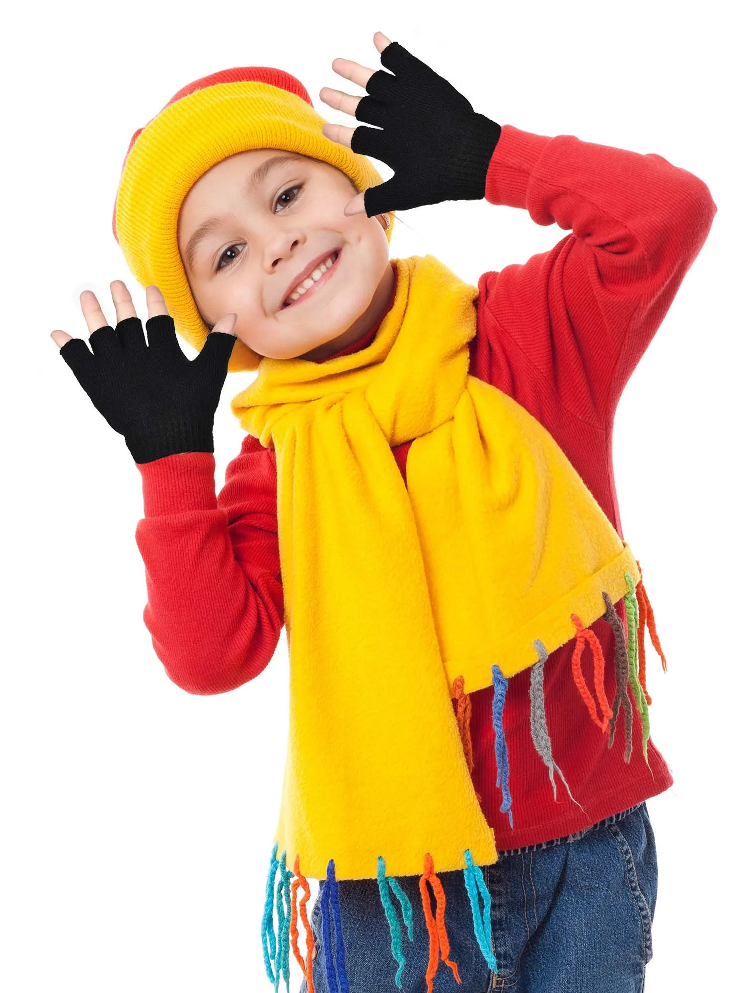 Bememo 4 Pairs Fingerless Gloves Half Finger Mittens Winter Solid Color Knitted Typing Gloves for Boys and Girls Black, Grey, Royal Blue, Purple