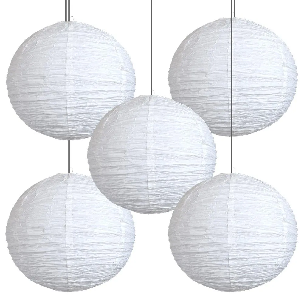 BULK PACK (5) 14 Inch White Round Crepe Paper Lanterns, Parallel Ribbing, Hanging Decoration