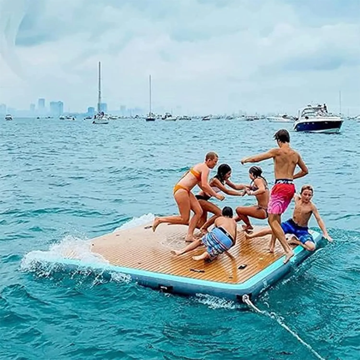 Floating Dock Water Platform Inflatable Raft Teak Inflatable Floating Platform/Foldable Floating Raft Portable Inflatable Floating Water Platform with Soft Ladder