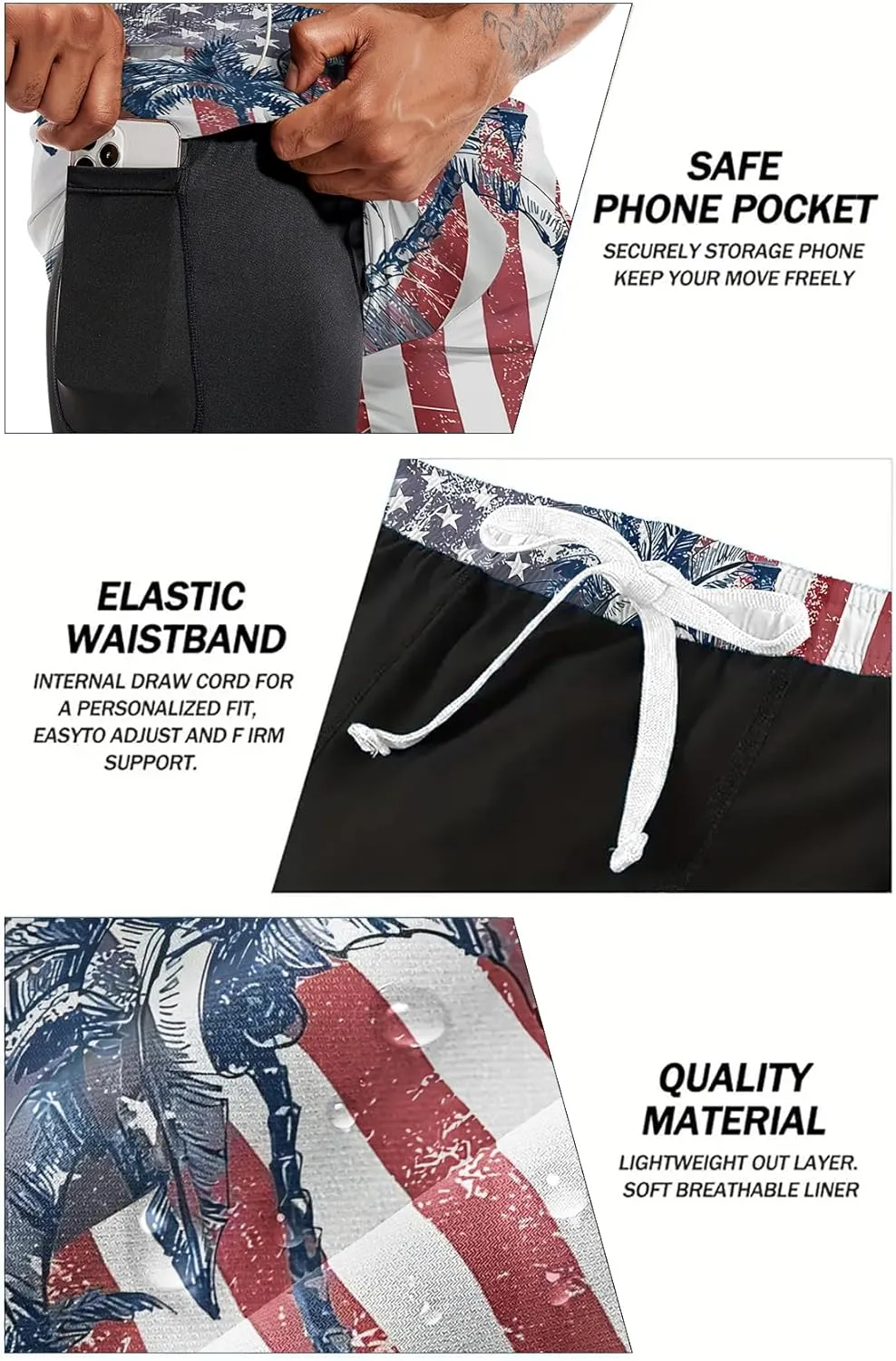 Mens Swim Trunks with Compression Liner 7" Board Shorts with Pockets 2 in 1 Quick Dry Bathing Suits