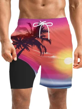 Mens Swim Trunks with Compression Liner 7" Board Shorts with Pockets 2 in 1 Quick Dry Bathing Suits