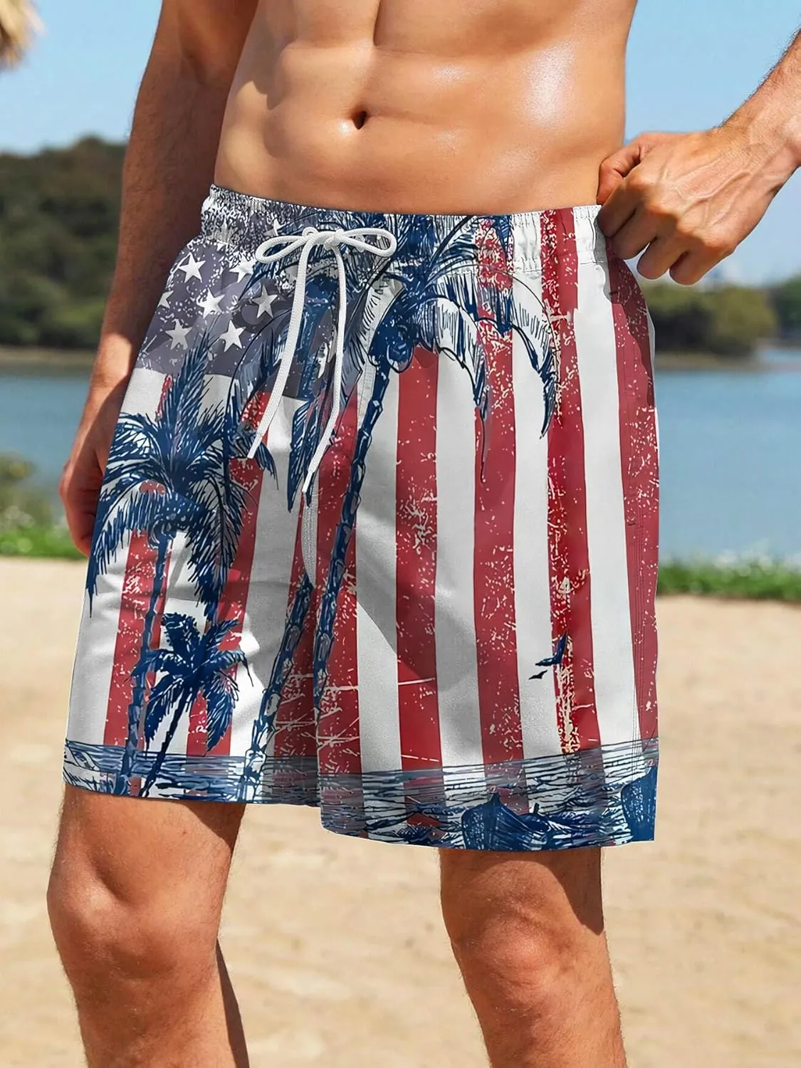 Mens Swim Trunks with Compression Liner 7" Board Shorts with Pockets 2 in 1 Quick Dry Bathing Suits