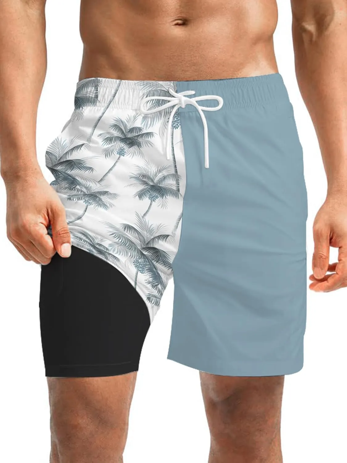 Mens Swim Trunks with Compression Liner 7" Board Shorts with Pockets 2 in 1 Quick Dry Bathing Suits