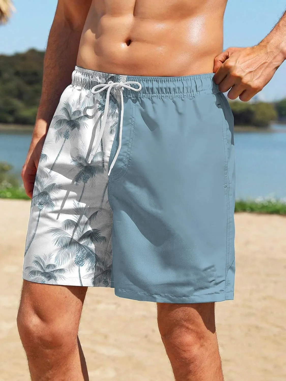 Mens Swim Trunks with Compression Liner 7" Board Shorts with Pockets 2 in 1 Quick Dry Bathing Suits