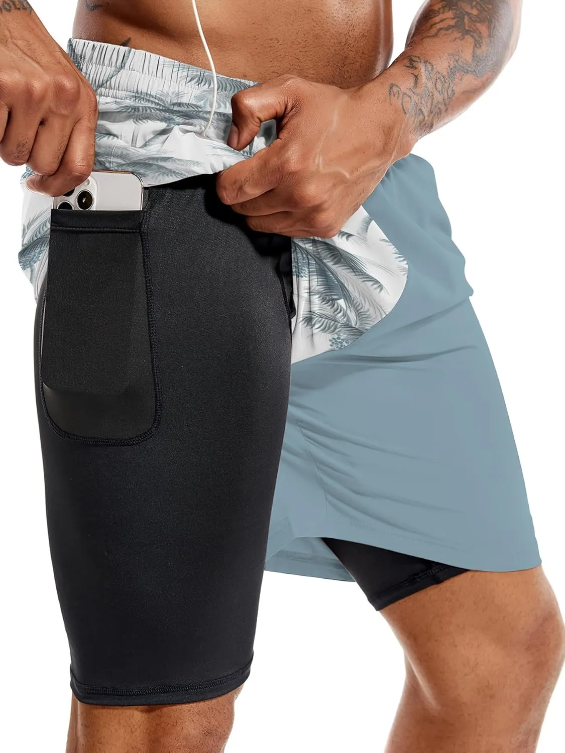 Mens Swim Trunks with Compression Liner 7" Board Shorts with Pockets 2 in 1 Quick Dry Bathing Suits