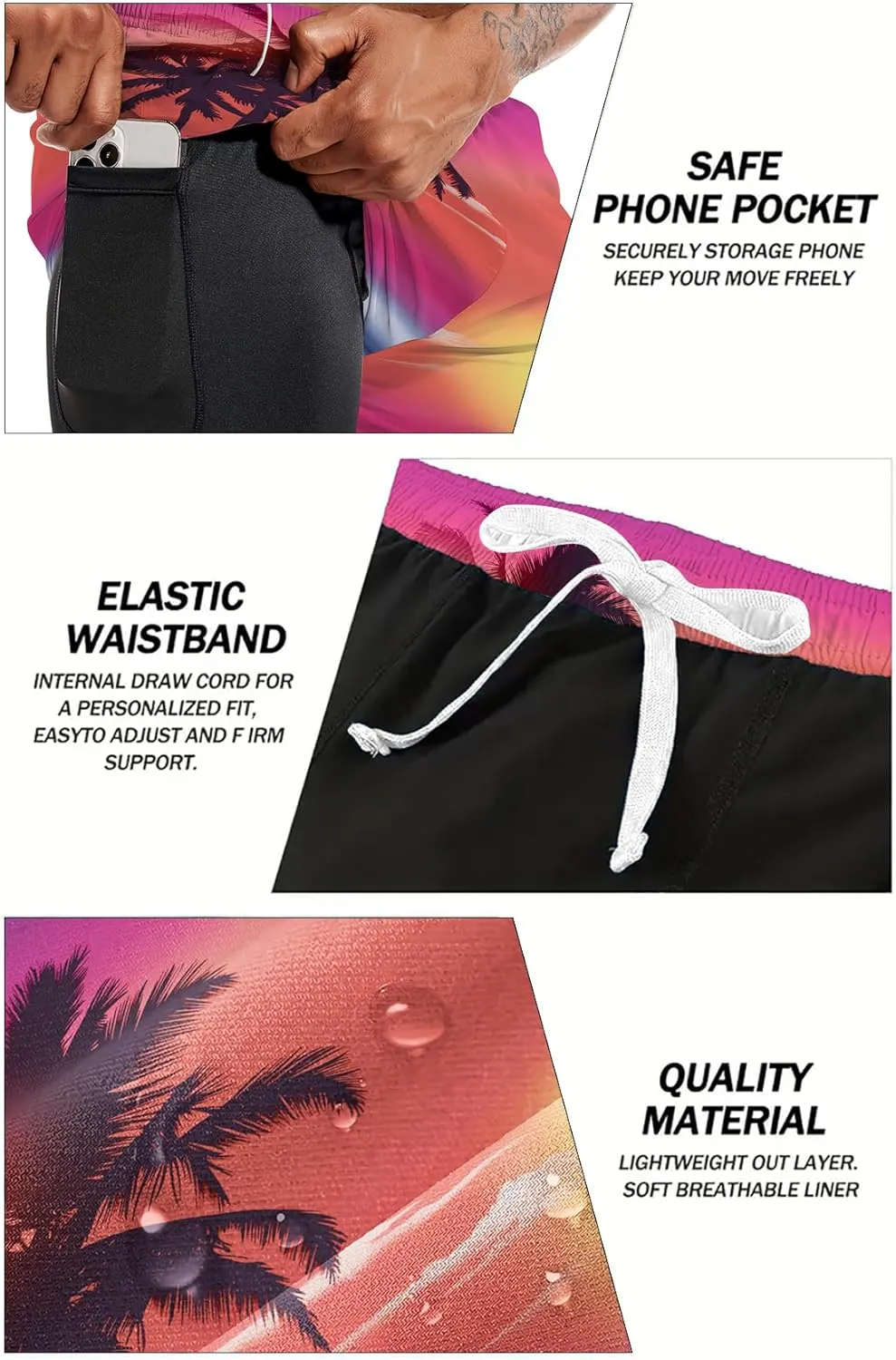 Mens Swim Trunks with Compression Liner 7" Board Shorts with Pockets 2 in 1 Quick Dry Bathing Suits