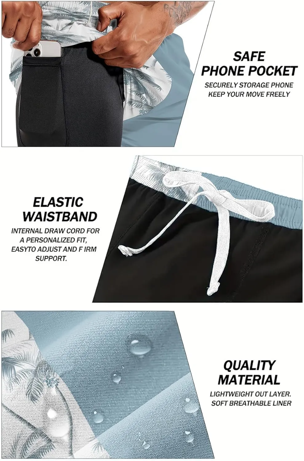 Mens Swim Trunks with Compression Liner 7" Board Shorts with Pockets 2 in 1 Quick Dry Bathing Suits