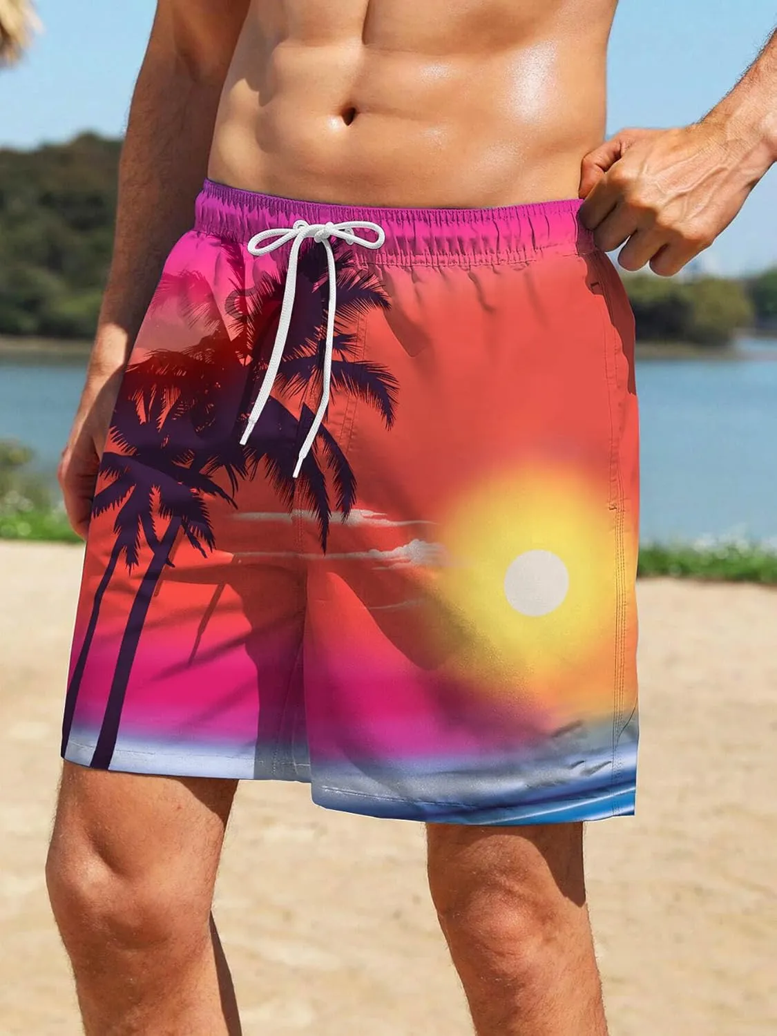 Mens Swim Trunks with Compression Liner 7" Board Shorts with Pockets 2 in 1 Quick Dry Bathing Suits