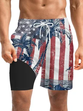 Mens Swim Trunks with Compression Liner 7" Board Shorts with Pockets 2 in 1 Quick Dry Bathing Suits