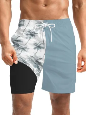 Mens Swim Trunks with Compression Liner 7" Board Shorts with Pockets 2 in 1 Quick Dry Bathing Suits