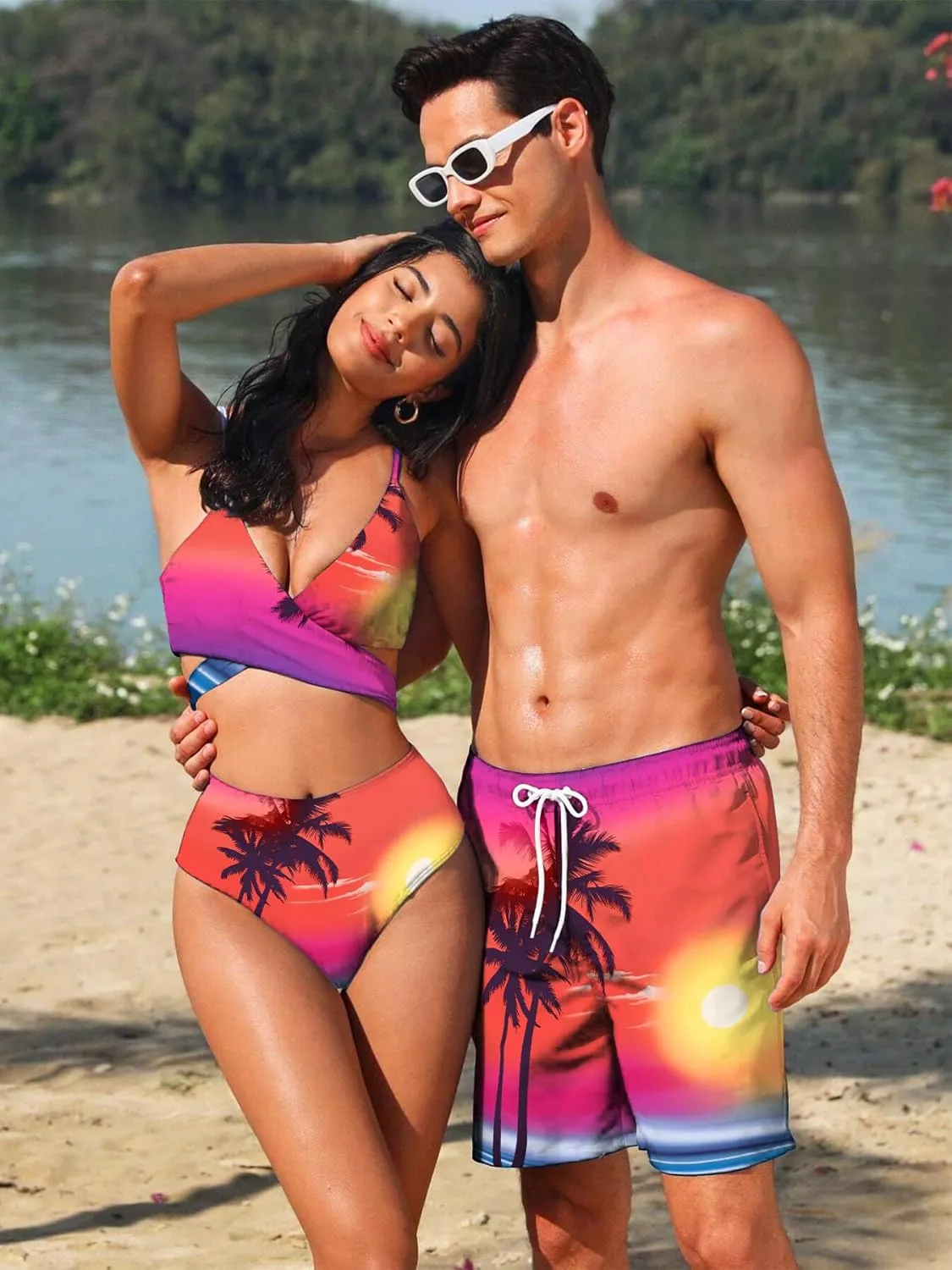 Mens Swim Trunks with Compression Liner 7" Board Shorts with Pockets 2 in 1 Quick Dry Bathing Suits