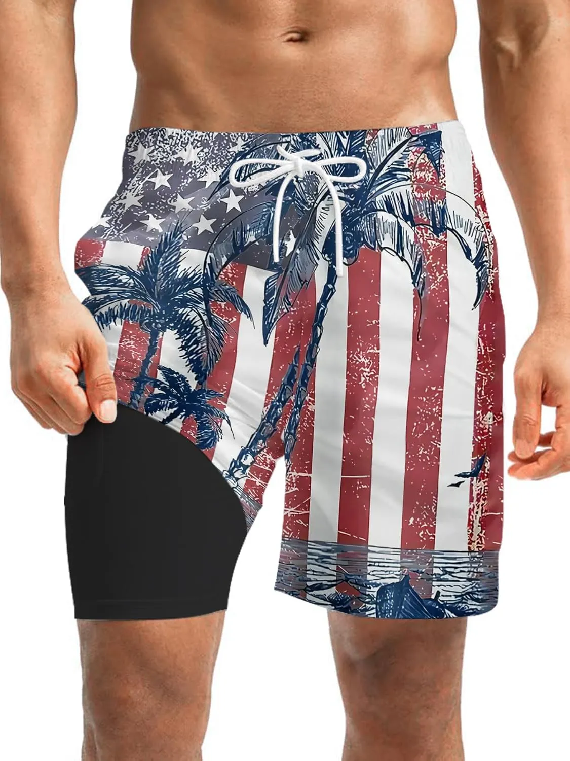 Mens Swim Trunks with Compression Liner 7" Board Shorts with Pockets 2 in 1 Quick Dry Bathing Suits
