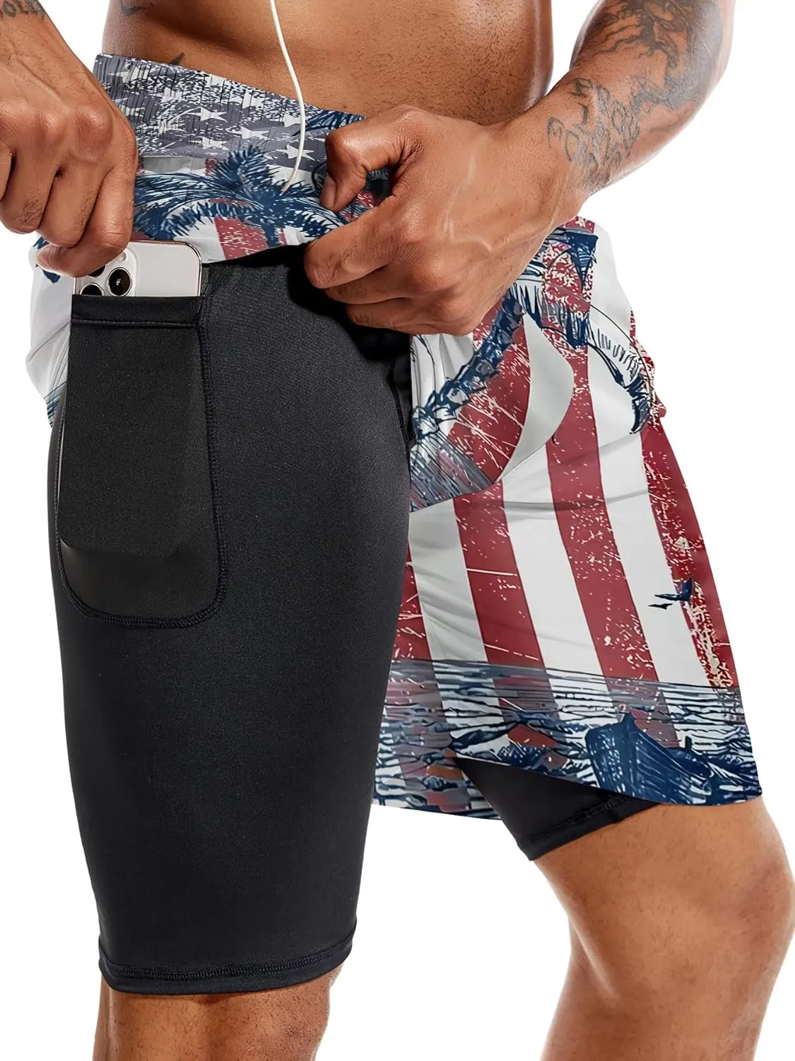 Mens Swim Trunks with Compression Liner 7" Board Shorts with Pockets 2 in 1 Quick Dry Bathing Suits