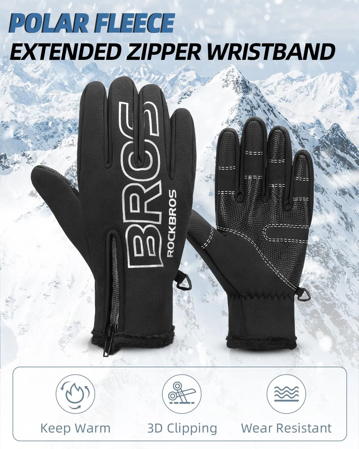 ROCKBROS Winter Cycling Gloves, Water-Resistant, Touch Screen, Anti-Slip Full Finger Gloves