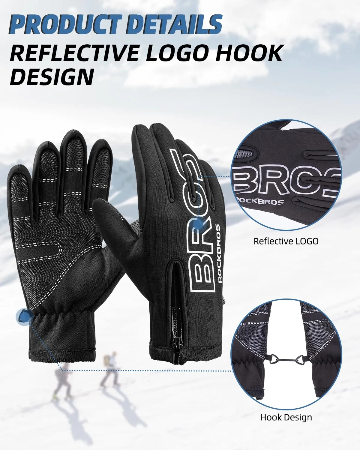 ROCKBROS Winter Cycling Gloves, Water-Resistant, Touch Screen, Anti-Slip Full Finger Gloves