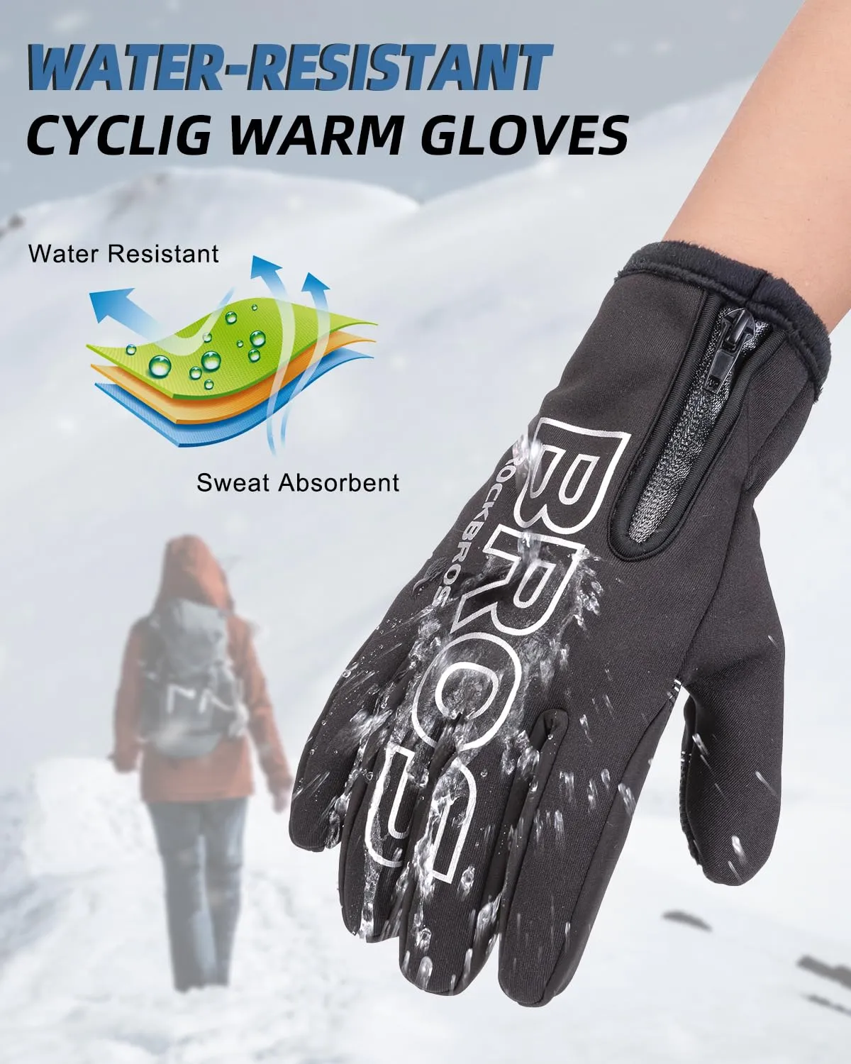 ROCKBROS Winter Cycling Gloves, Water-Resistant, Touch Screen, Anti-Slip Full Finger Gloves