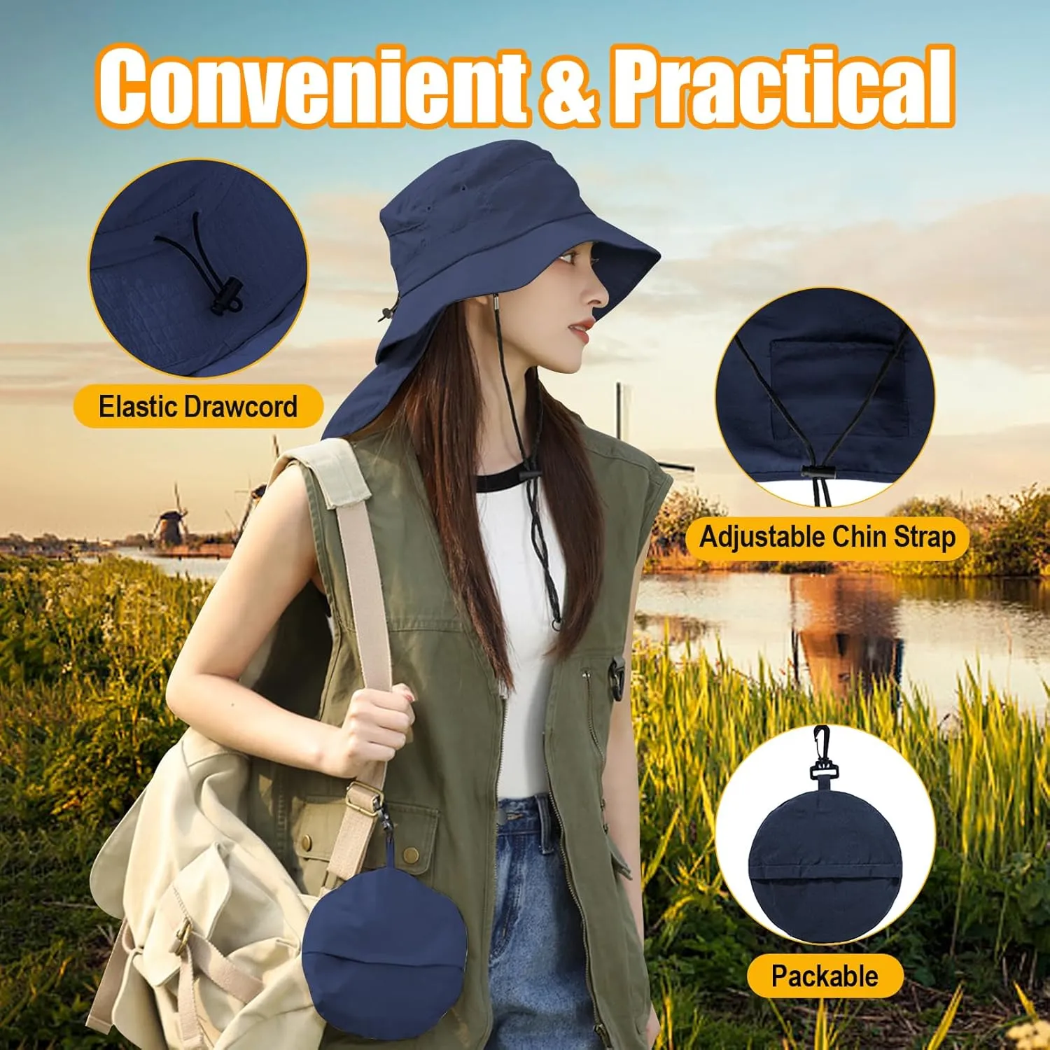 UPF 50 Unisex Waterproof Fishing Hat Wide Birm Bucket Hat UV Protection Boonie Hat