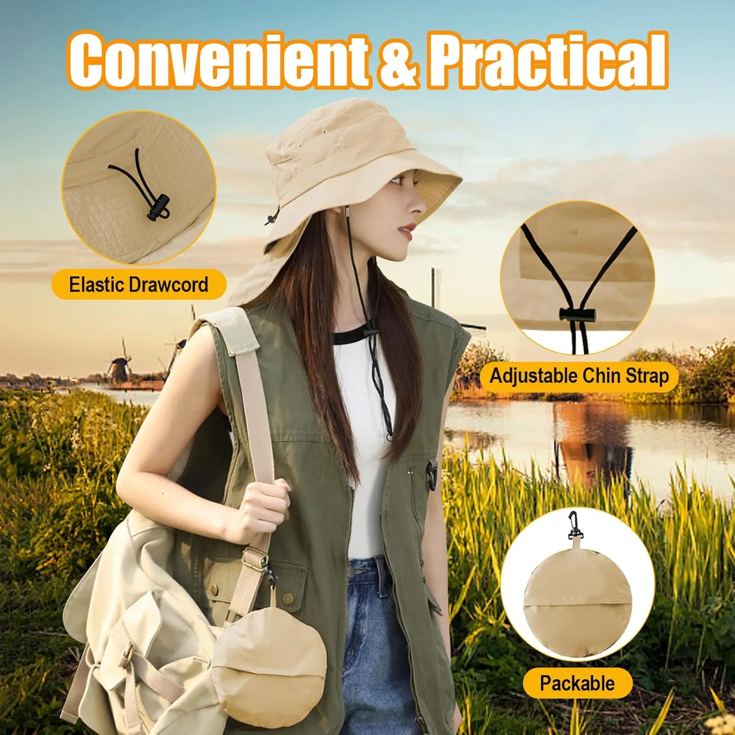 UPF 50 Unisex Waterproof Fishing Hat Wide Birm Bucket Hat UV Protection Boonie Hat