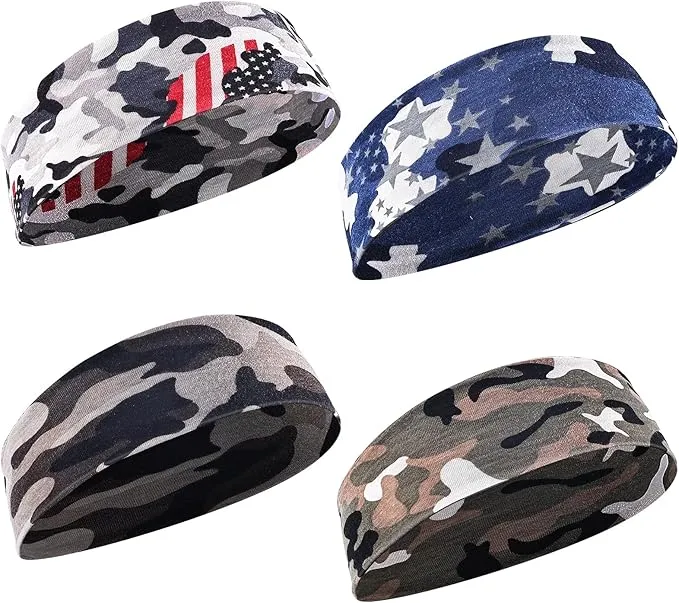 WLLHYF Kids Sports Headbands, 4 Pack Athletic Sweatbands Headband for Boys Camouflage Sport Headband Sweat Absorbing Elastic Hairband